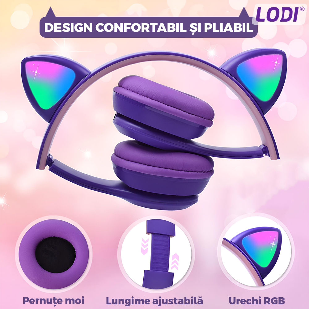 Casti Wireless Model Pisica Lodi952, P47M, overear, urechi de pisica cu iluminare RGB, bluetooth 5.0, handsfree, HiFi, bass stereo, mov