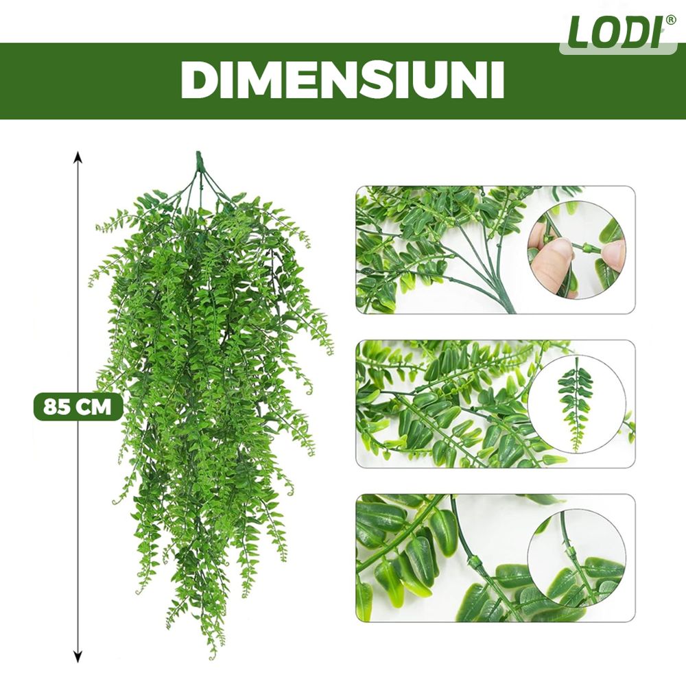Set 2 Plante Artificiale Tip Iedera Lodi1128, ramuri agatatoare, aspect natural, rezistente la conditii meteo, frunze detasabile, interior/exterior, 85 cm, verde