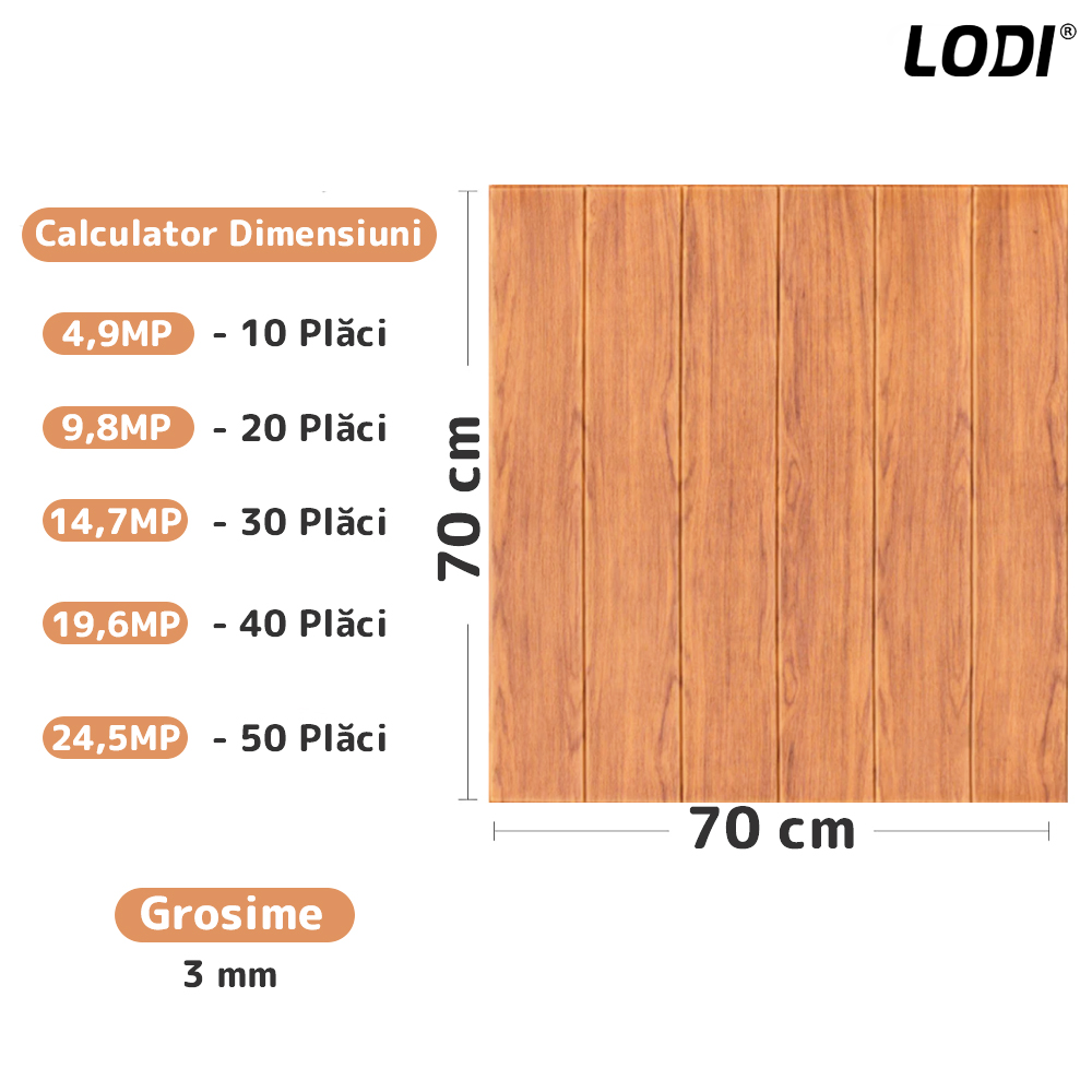 Set Tapet Panou 3D Lodi97, Model Lemn, suprafata acoperire 4.9 mp, autoadeziv, waterproof, usor de montat, design modern, 70x70 cm, portocaliu