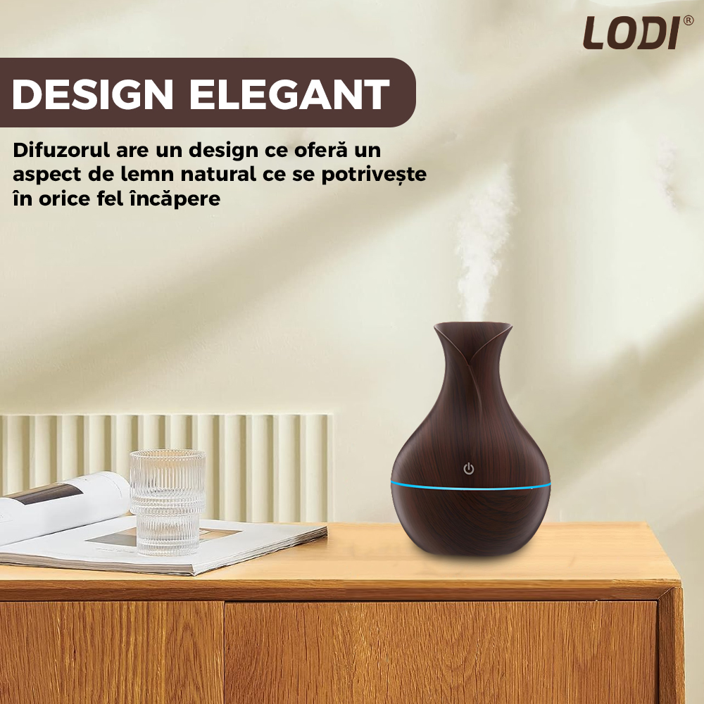 Difuzor Aromaterapie Lodi220, lumini ambientale, control tactil, capacitate 200ml, silentios, rezerva inclusa, alimentare USB, umidifica aerul, stejar inchis