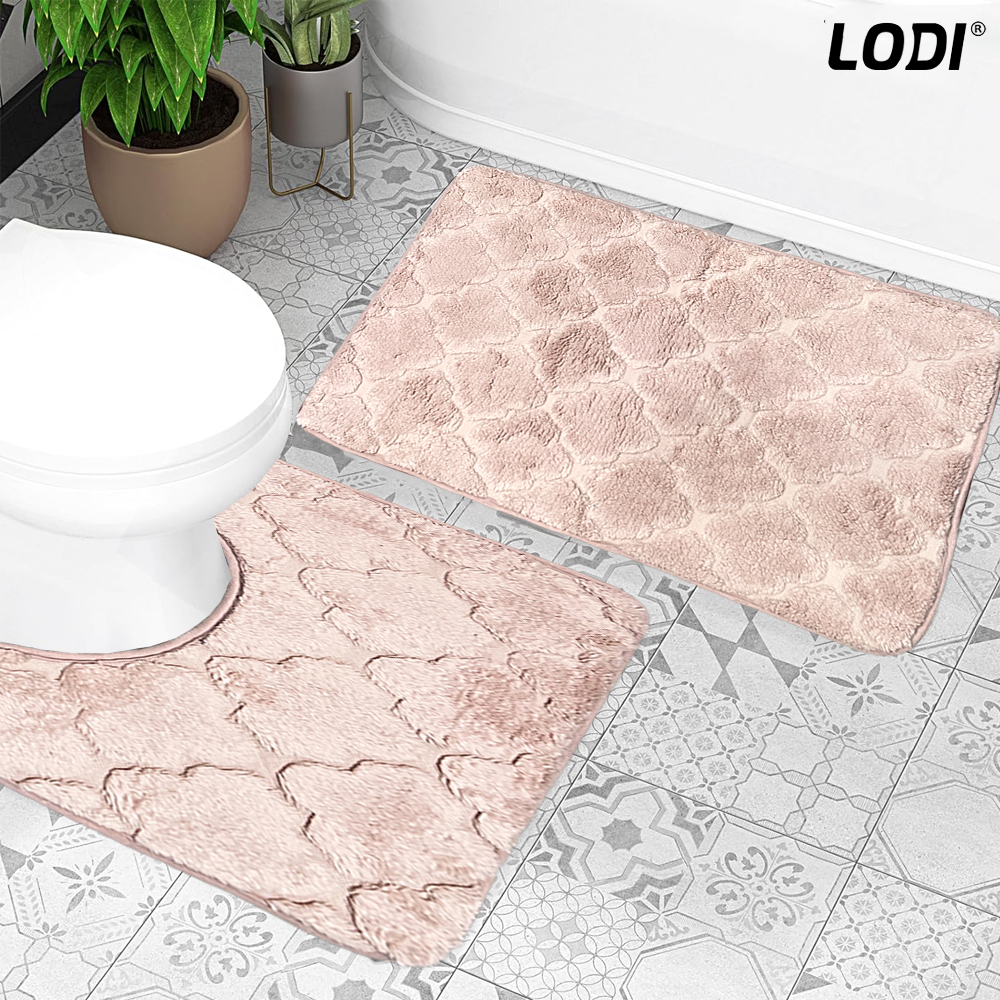 Set 2 Covorase de Baie Lodi1019, anti-derapante, material moale, design modern, model floral, 80x50 & 50x40cm, roz