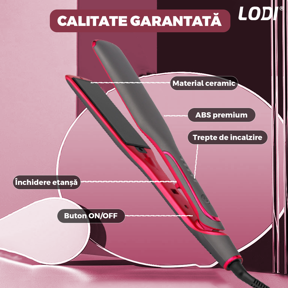 Placa profesionala de indreptat parul Lodi455, invelis ceramic, 5 trepte de temperatura, easy lock, setarea temperaturii, 230°, roz