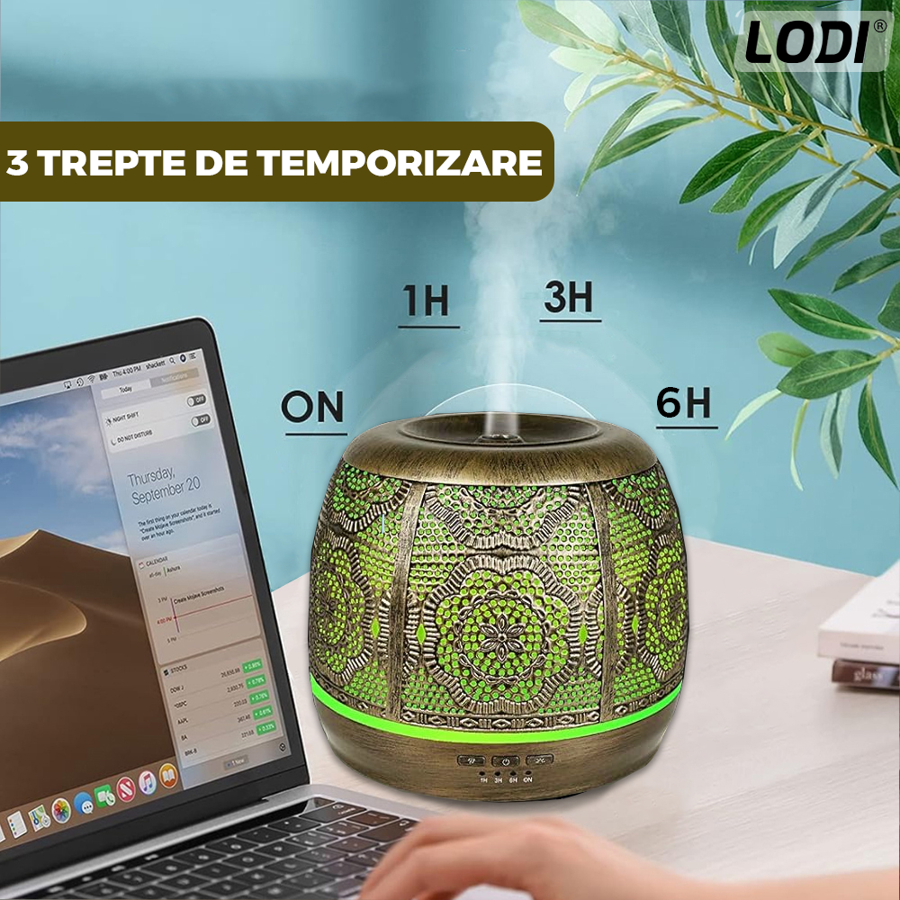 Difuzor Aromaterapie Lodi684, din metal, design vintage, 7 culori LED, 2 jocuri de lumini, capacitate 500ml, silentios, umidifica aerul, bronz