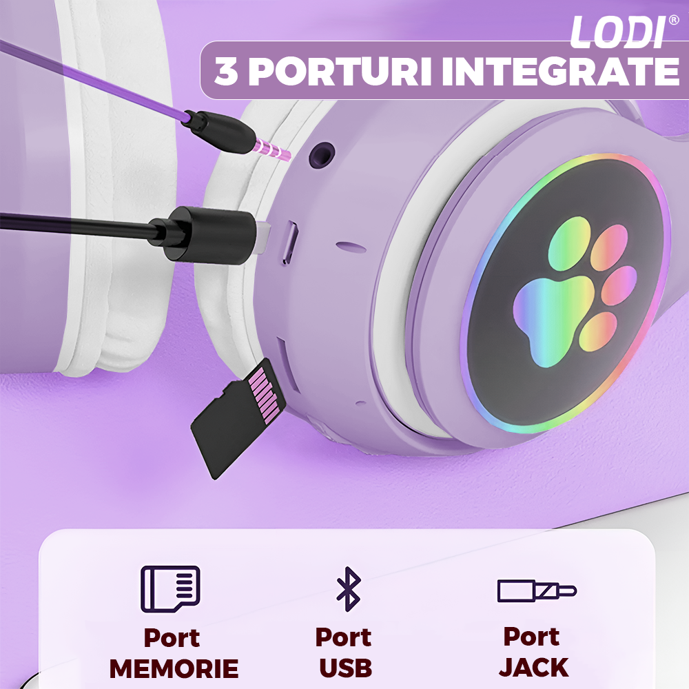 Casti Wireless Model Pisica Lodi947, STN-28, overear, urechi de pisica cu iluminare RGB, bluetooth 5.0, handsfree, HiFi, bass stereo, lila