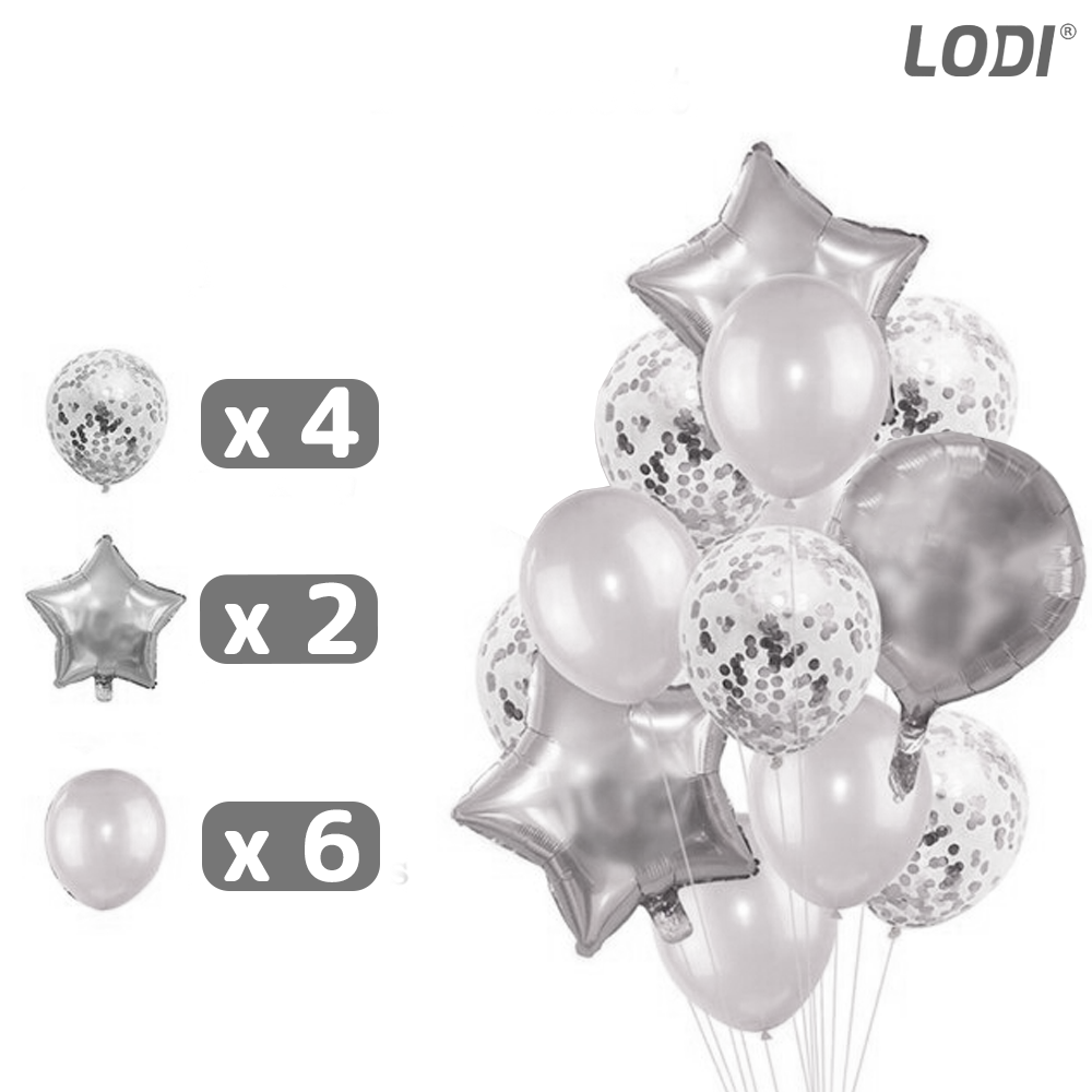 Set 25 Baloane Lodi718, Litere, pentru Petreceri/Aniversari/Evenimente, confetti, stelute, model HAPPY BIRTHDAY, argintiu