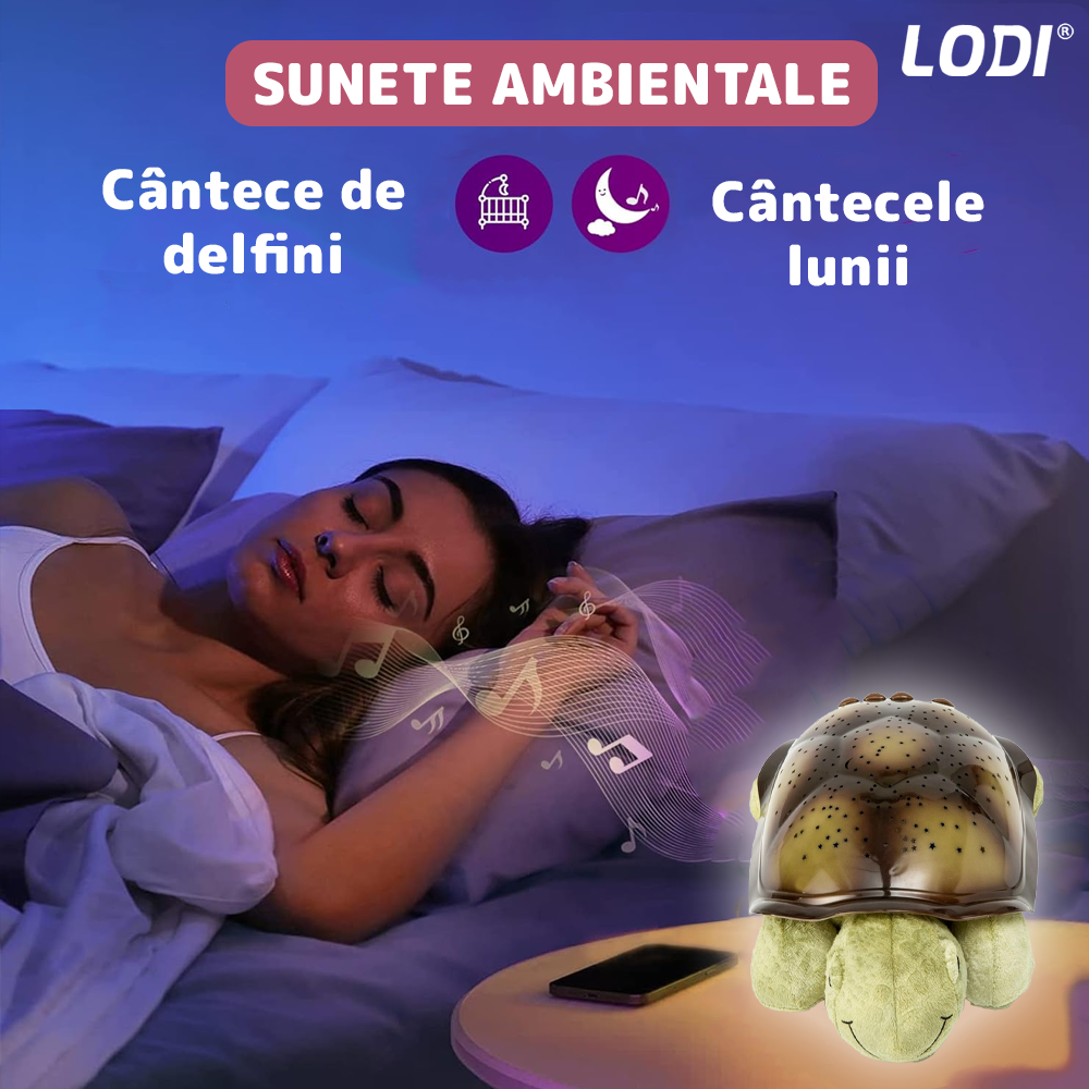 Lampa de Veghe Testoasa Lodi1423, proiector de lumini, 8 constelatii, lumina RBG, 2 cantece de adormit copiii, pufoasa si moale, mod inchidere automata, roz