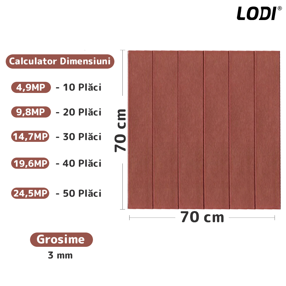 Set Tapet Panou 3D Lodi101, Model Lemn, suprafata acoperire 4.9 mp, autoadeziv, waterproof, usor de montat, design modern, 70x70 cm, maro inchis