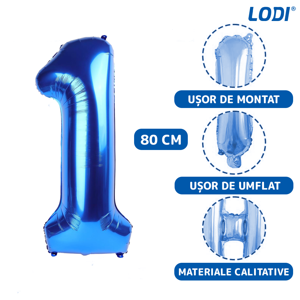 Set 12 Baloane Lodi1445, Cifra 1, pentru Petreceri/Aniversari/Evenimente, Stea/Rotunde/Confetti, 3 culori, latex, albastru