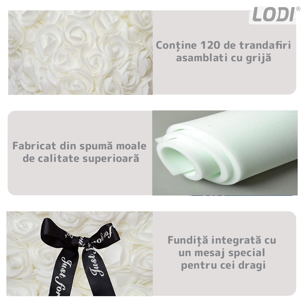 Ursulet din Trandafiri de Spuma Lodi333, floral alb, handmade, cutie transparenta, 25 cm