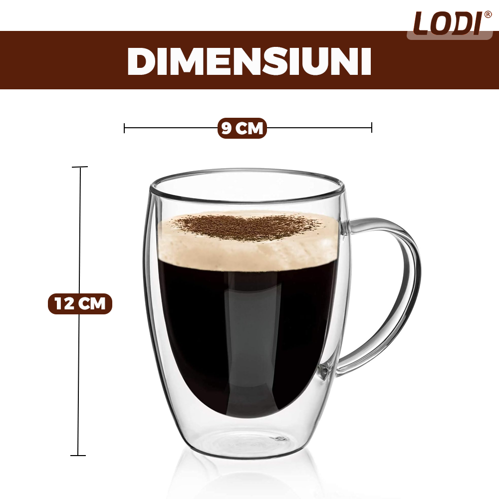 Set 6 Cani de Sticla cu Perete Dublu Lodi421, model rotund, design modern, termorezistente, capacitate 350 ml, 12 x 9 cm