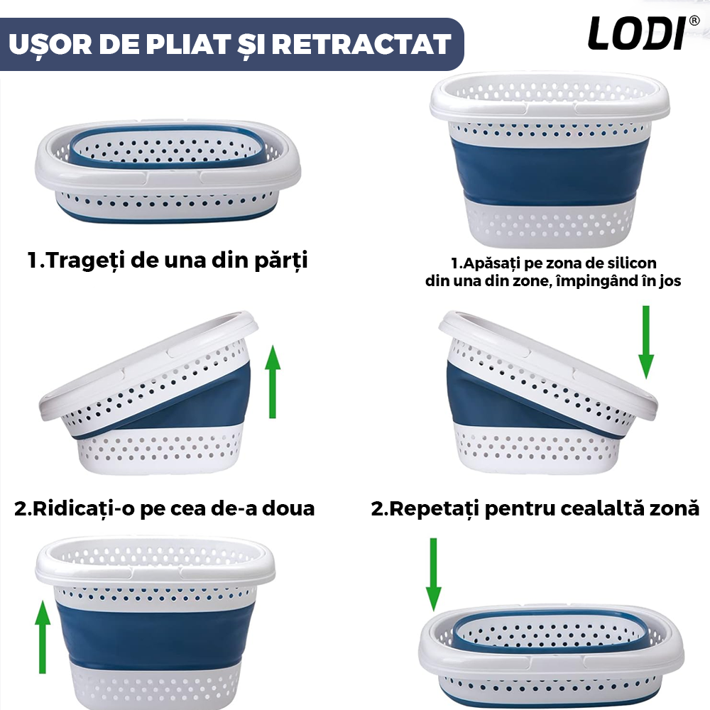 Cos de Rufe Pliabil cu Manere Lodi667, organizare si depozitare, multifunctional, compact, 42 litri, 50 x 38 x 29 cm, albastru
