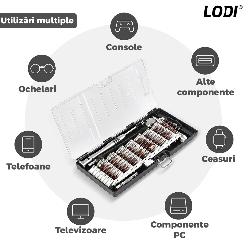 Set Trusa Surubelnite de Precizie 60 in 1 Lodi120, pentru Macbook, iMac, iPhone, electronice, telefon, PC, otel S2, varf magnetic, negru