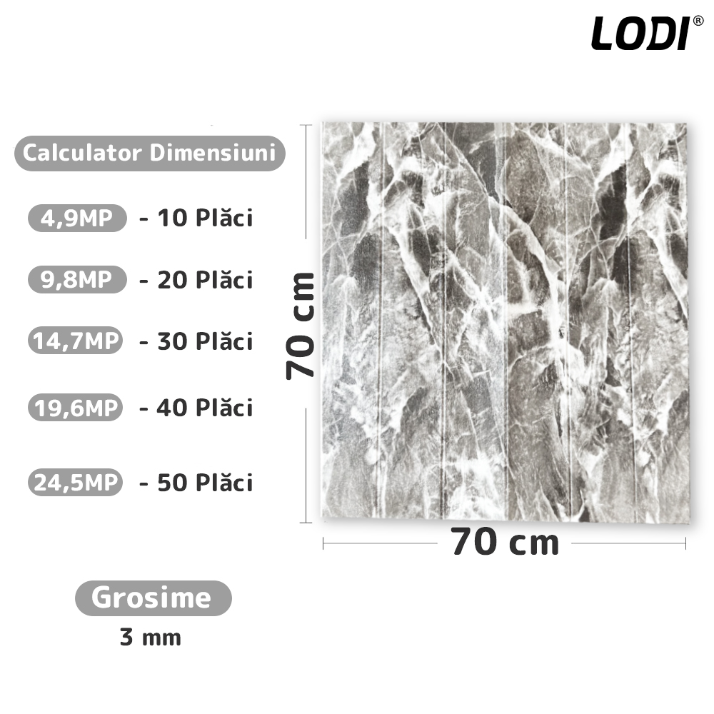 Set Tapet Panou 3D Lodi98, Model Marmura, suprafata acoperire 4.9 mp, autoadeziv, waterproof, usor de montat, design modern, 70x70 cm, gri