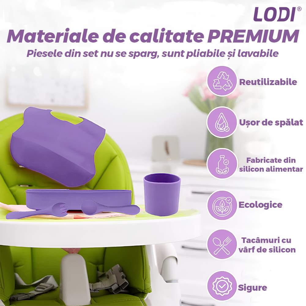 Set Hranire Bebeulsi Lodi1008, 6 piese, termorezistente, silicon, fara BPA, pliabile, usor de curatat, mov lila