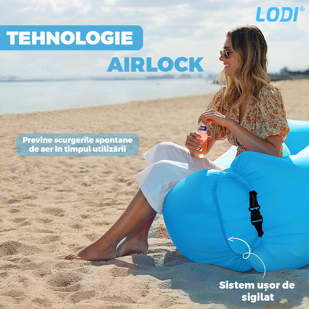 Saltea Gonflabila Tip Sezlong Lazybag Lodi1231, material rezistent, umflare fara pompa, pentru plaja/picnic/camping, rucsac de depozitare, 190 x 70 cm, albastru