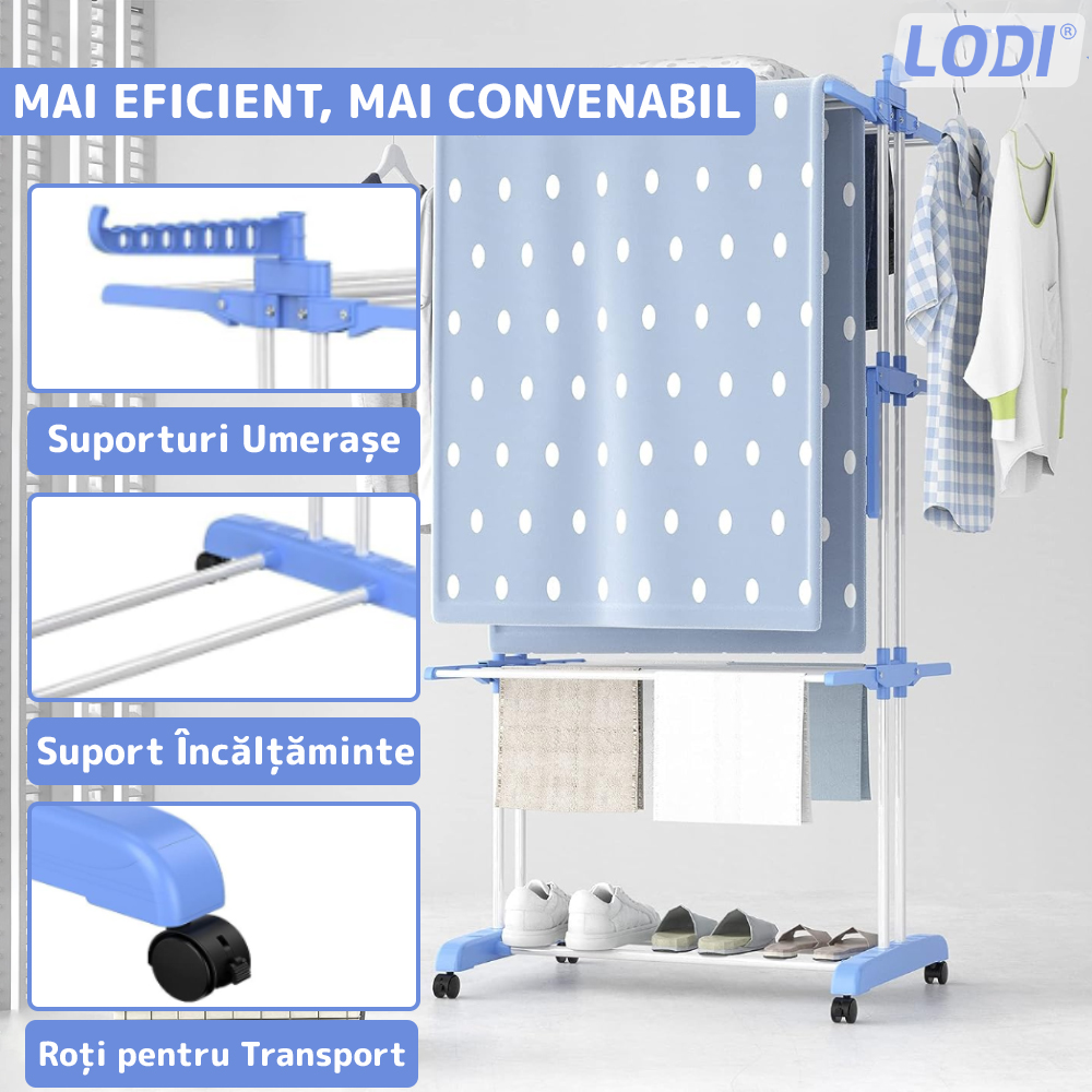 Uscator Vertical pentru Rufe si Haine Lodi290, 3 niveluri, mobil, pliabil, pentru spatii mici, suport umerase, cadru rezistent, inaltime 175cm, albastru