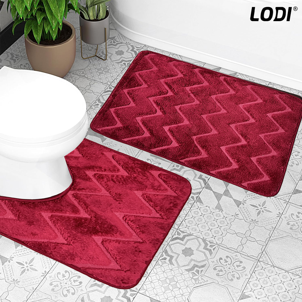 Set 2 Covorase de Baie Lodi1018, anti-derapante, material moale, design modern, model romburi, 80x50 & 50x40cm, rosu