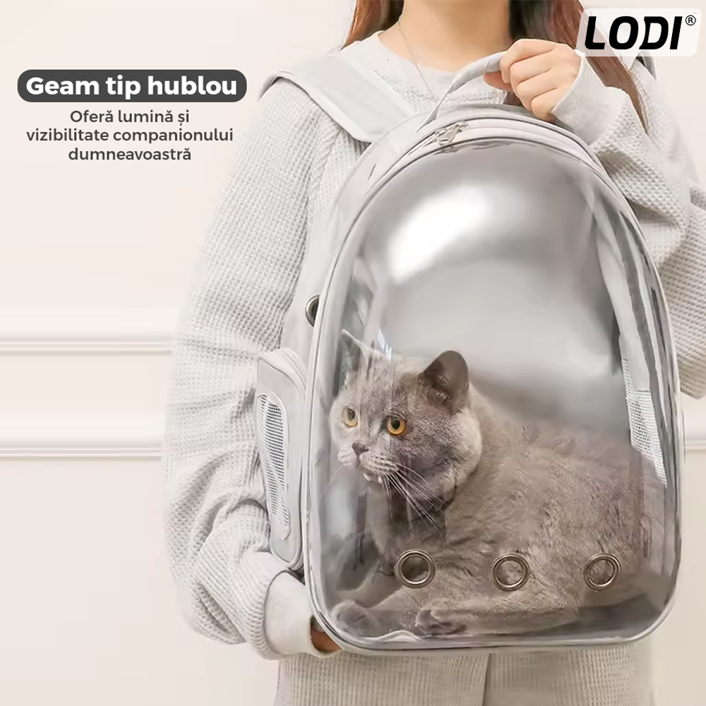 Rucsac Transport Animale Lodi1099, greutate Max 7kg, hublou panoramic transparent, buzunar lateral, 2 iesiri, pentru talie mica, gri