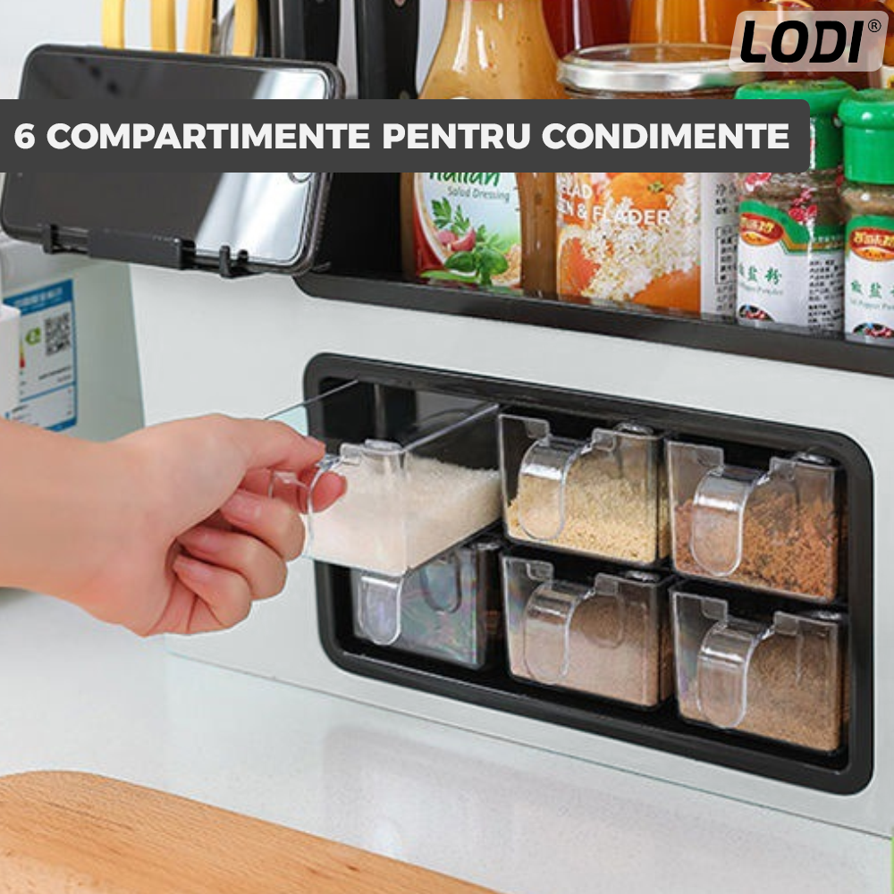 Organizator Multifunctional pentru Bucatarie Lodi531, 6 Compartimente, raft condimente, suport detasabil telefon, tavita de scurgere, suport tacamuri/ustensile, alb