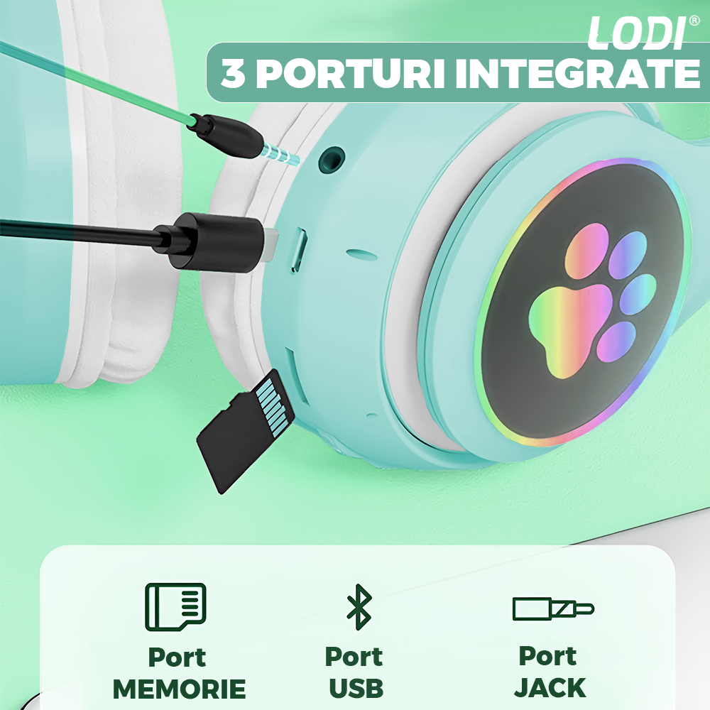 Casti Wireless Model Pisica Lodi948, STN-28, overear, urechi de pisica cu iluminare RGB, bluetooth 5.0, handsfree, HiFi, bass stereo, turcoaz