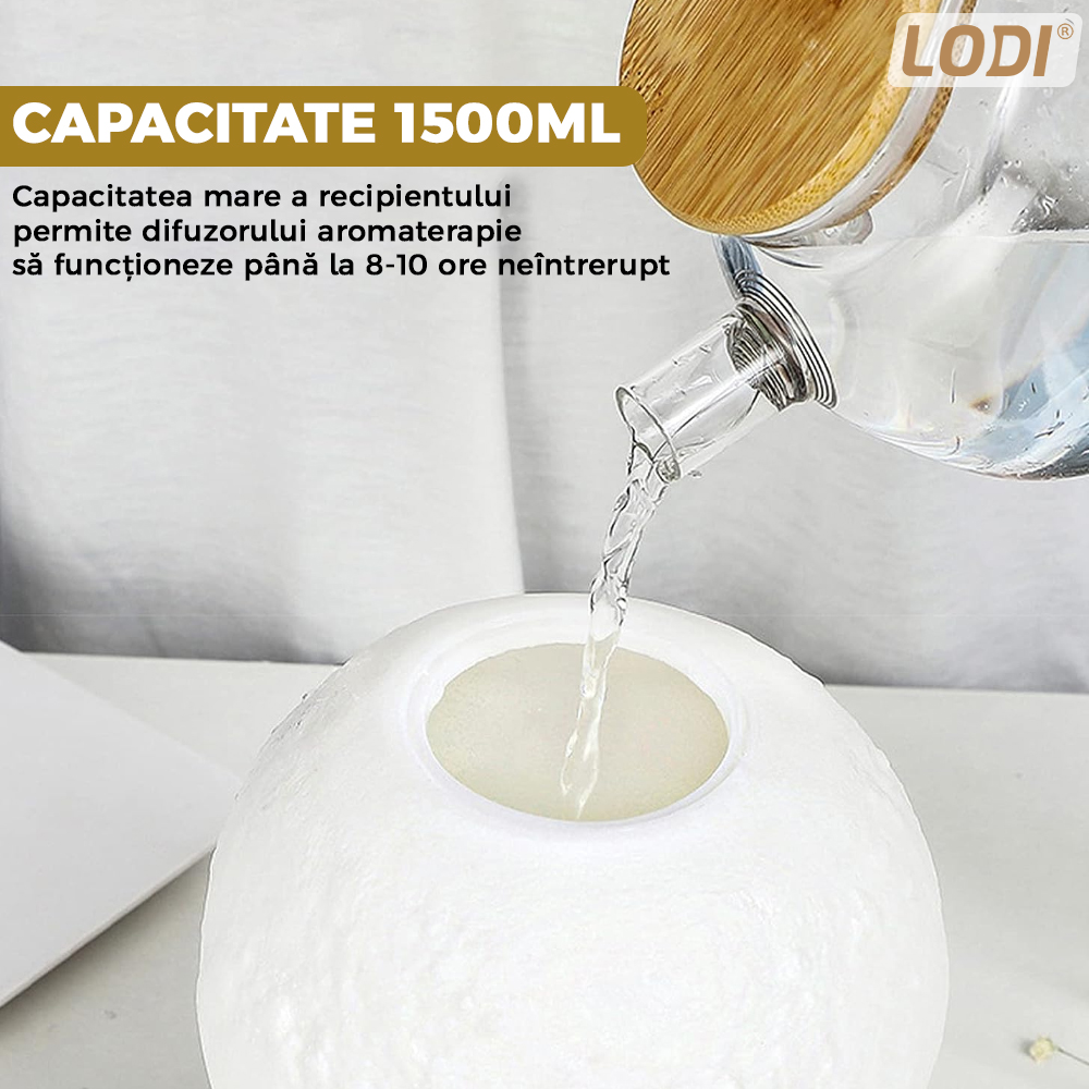 Difuzor Aromaterapie 2in1 Lodi229, 3 moduri de iluminare, capacitate 1500ml, lampa de veghe, silentios, alimentare USB, model luna, umidifica aerul, alb