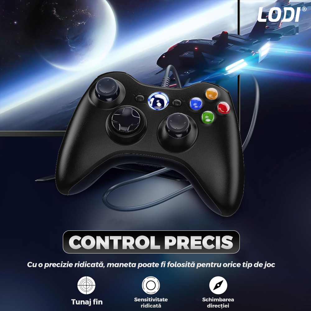 Controller de Joc cu Fir Lodi1425, compatibil cu Xbox 360/Slim/PC Windows 7/8/10, vibrații duble turbo cu 3 intensități, sensitivitate ridicată, cablu cu lungime de 2.5 m, negru