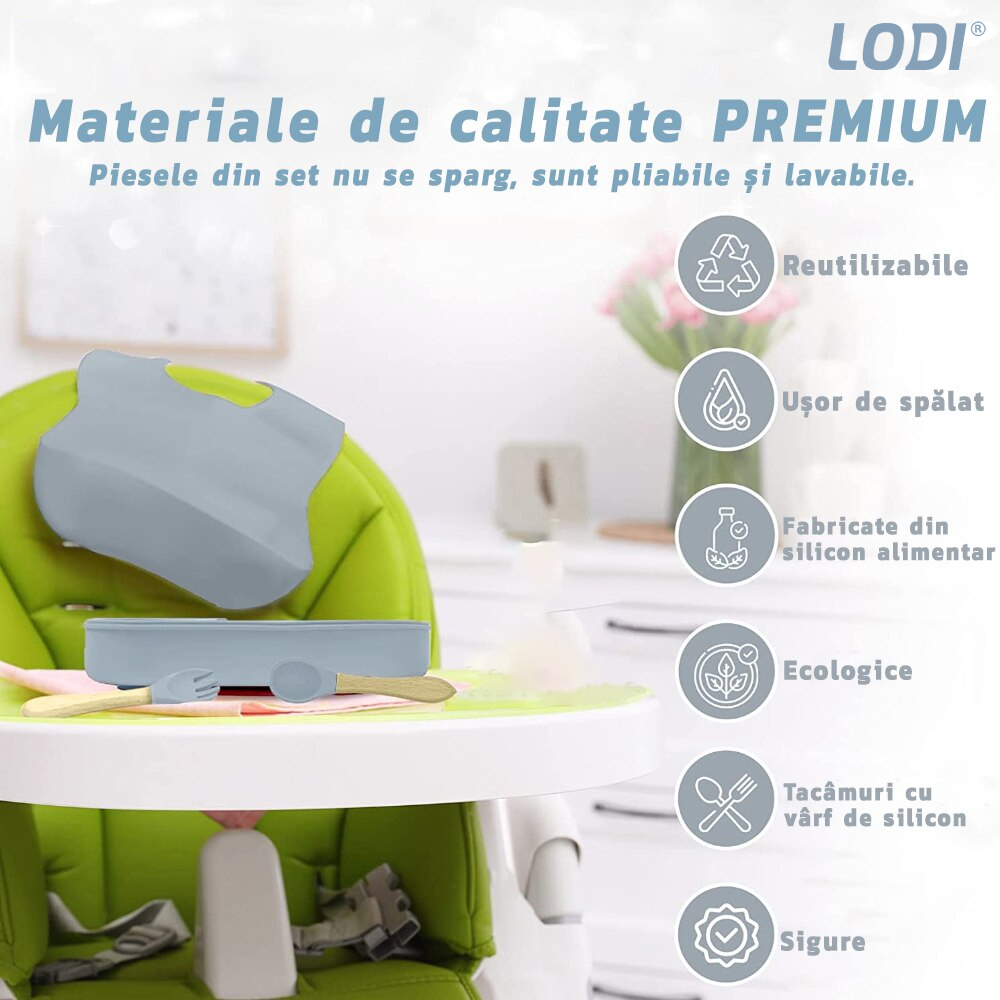 Set Hranire Bebeulsi Lodi250, 5 piese, termorezistente, silicon, fara BPA, pliabile, usor de curatat, dusty blue