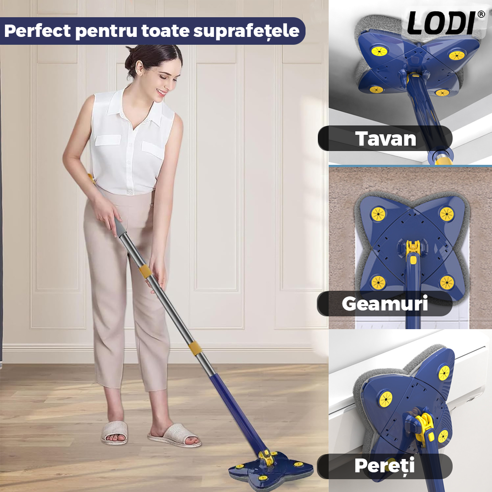 Mop cu Cap in Forma de Stea Lodi552, rotire 360 grade, telescopic, curatare usoara, 4 lavete incluse, 123 cm, albastru/galben
