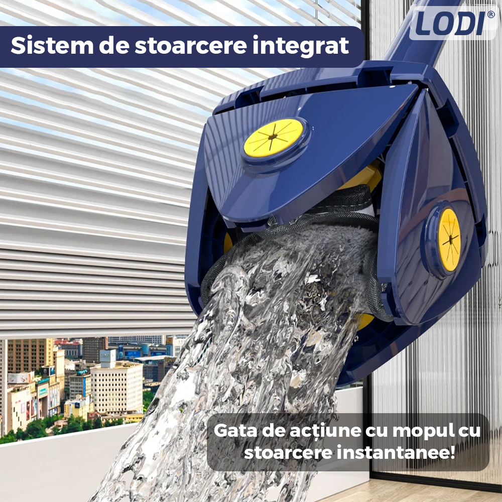 Mop cu Cap in Forma de Stea Lodi1153, rotire 360 grade, telescopic, curatare usoara, 2 lavete incluse, 123 cm, albastru/galben