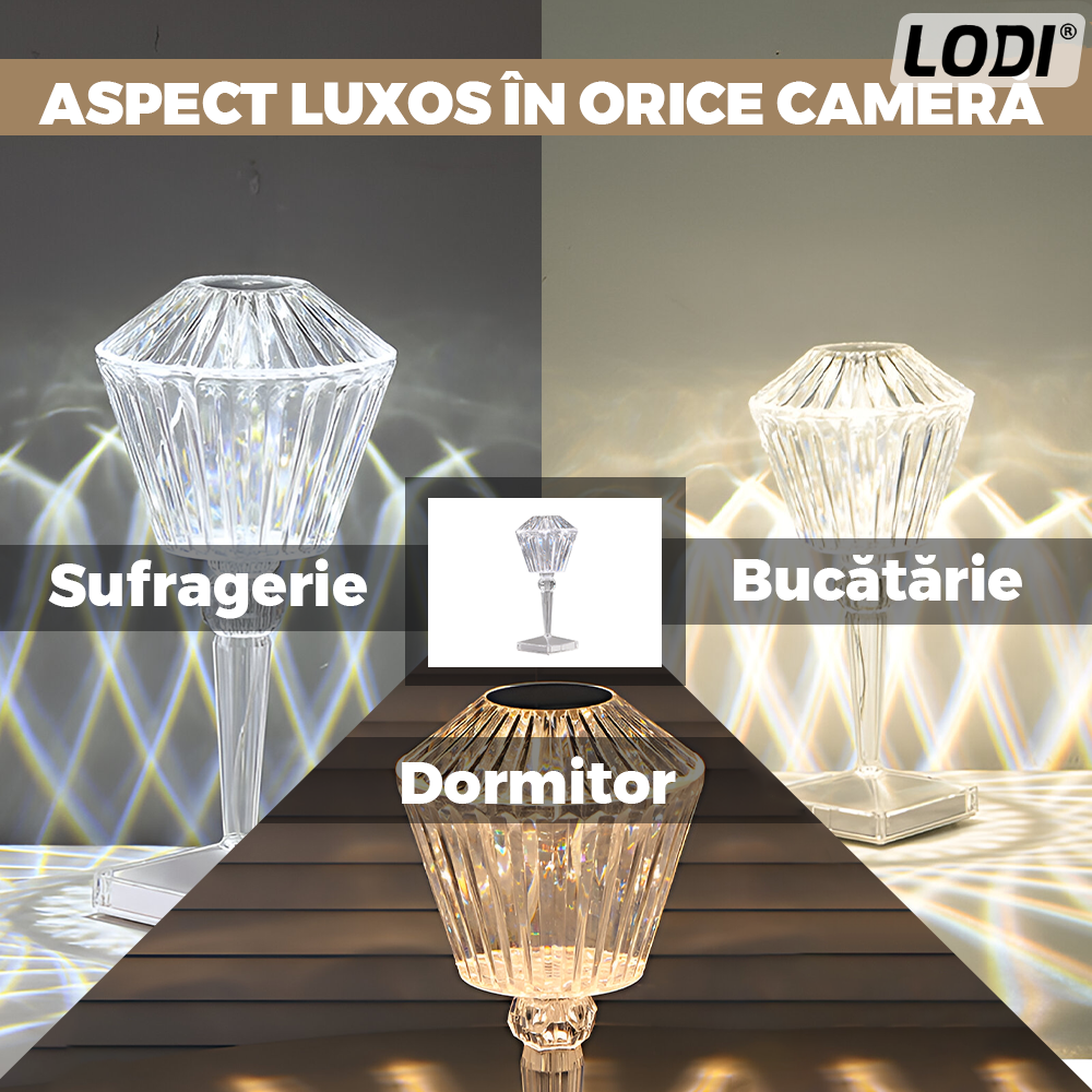 Lampa Ambientala Cristal LED Lodi1220, forma diamant, portabila, 3 moduri de iluminare, intensitate ajustabila, tactila, incarcare USB
