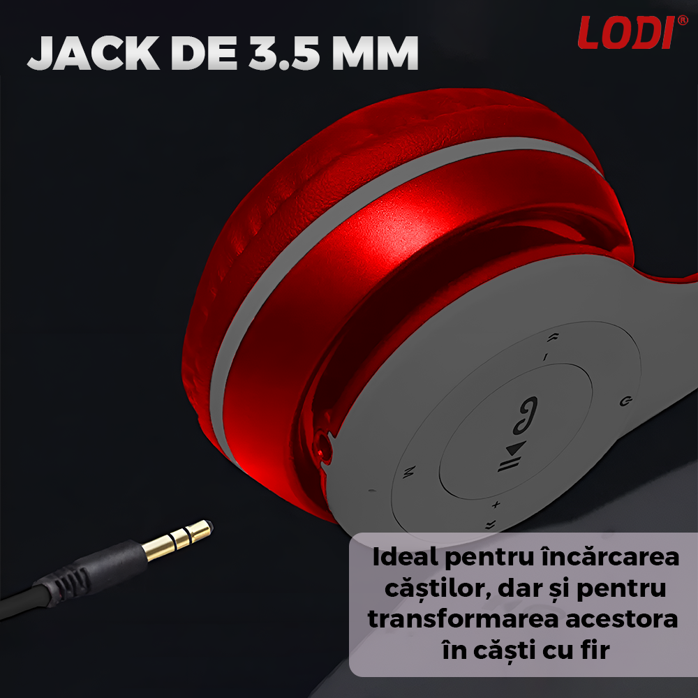 Casti Wireless Lodi956, P47, overear, bluetooth 5.0, 3 porturi integrate, handsfree, HiFi, bass stereo, gri/rosu