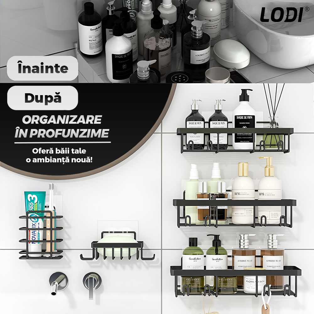 Set 2 Rafturi pentru Dus Lodi1265, depozitare si organizare, baie/bucatarie, otel inoxidabil, montare adeziva, rezistenta ridicata, cuiere incorporate, suporturi inalte, negru