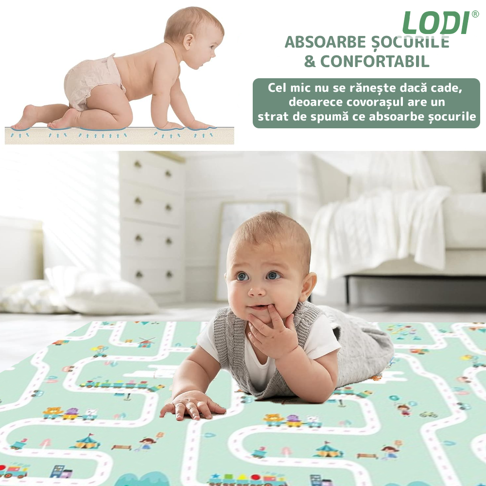 Covoras de Joaca pentru Copii Lodi490, 2 fete, termic, anti-derapant, pliabil, protectie impotriva loviturilor, iarna si orasel, 200x180cm, grosime 1 cm, multicolor
