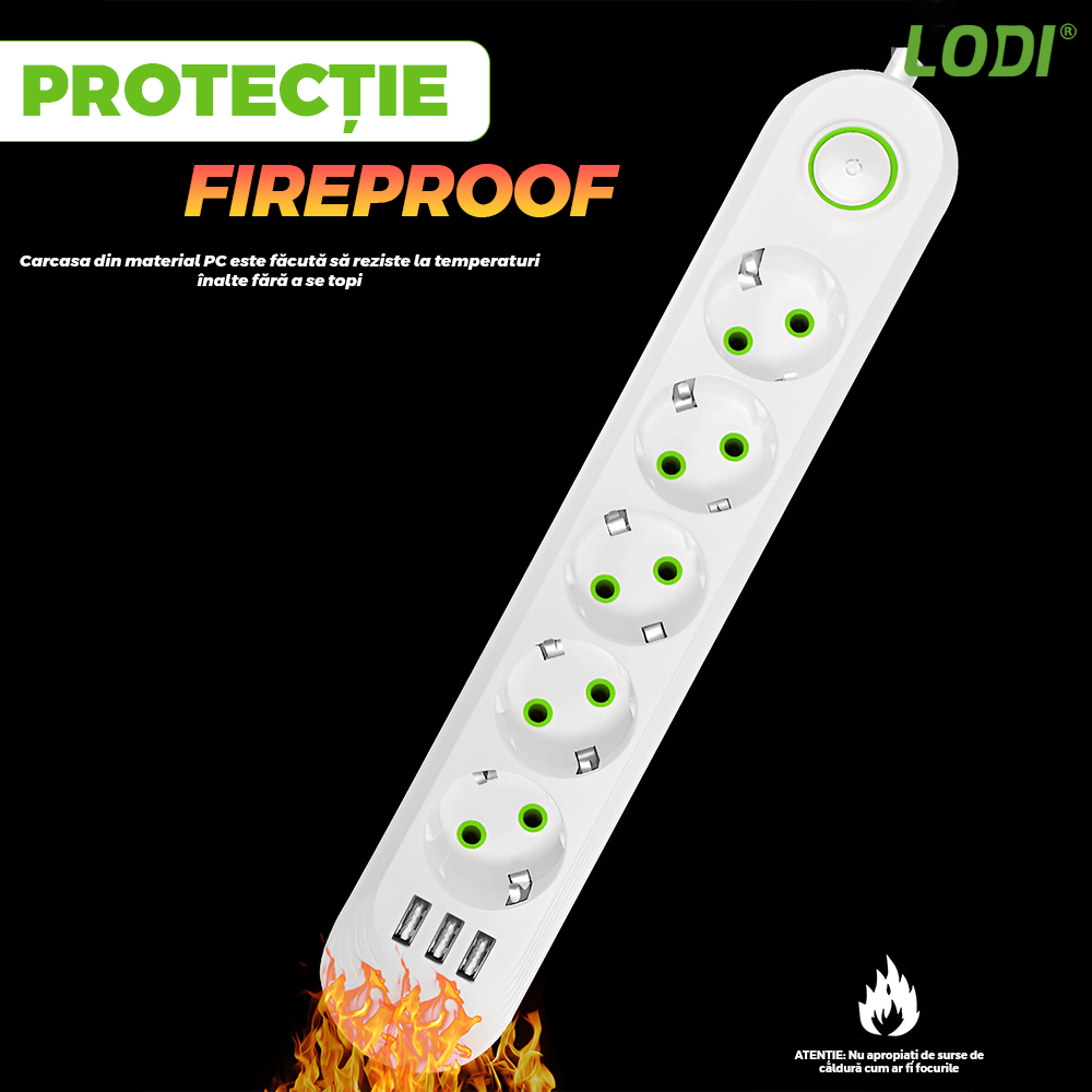 Prelungitor Lodi1278, 5 prize, 3 porturi USB, intrerupator, suport de agatare incorporat, rezistent la temperaturi inalte, universal, lungime 3 metri, alb