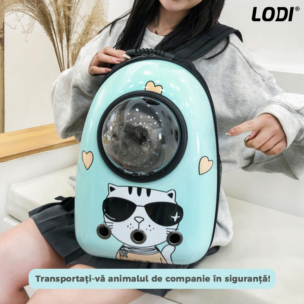 Rucsac Transport Animale Lodi25, greutate Max 7kg, hublou transparent, buzunar lateral, accesorii incluse, pentru talie mica, model Pisica, bleu