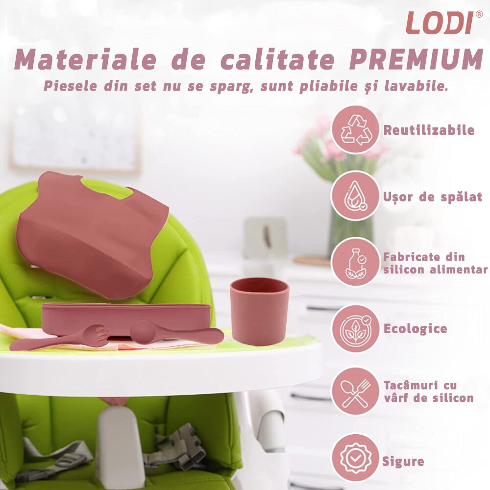 Set Hranire Bebeulsi Lodi509, 6 piese, termorezistente, silicon, fara BPA, pliabile, usor de curatat, roz blush