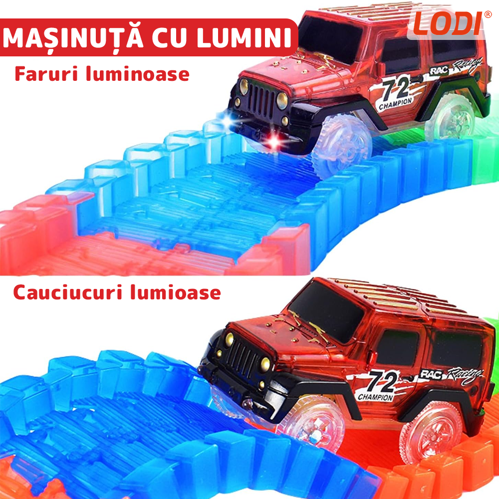 Circuit Masinute Lodi517, 56 piese, pista iluminata configurabila, fosforescenta, masinuta cu lumini rosie, multicolor
