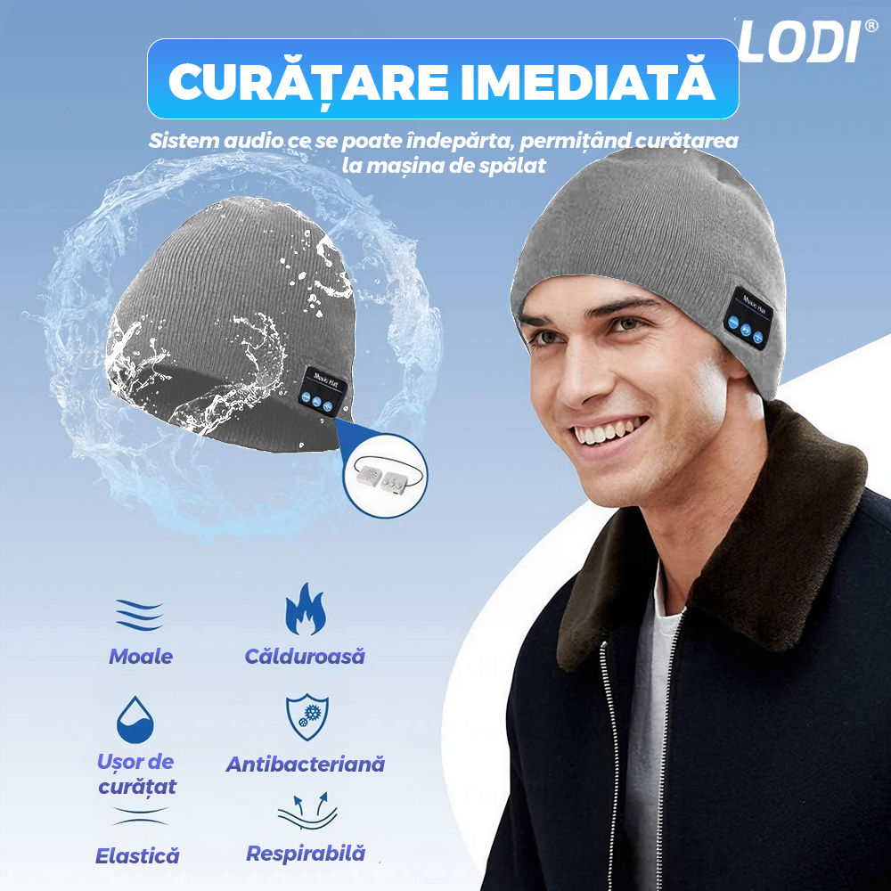 Caciula Bluetooth Unisex Lodi1494, hands-free, microfon, difuzoare stereo incorporate, sistem audio detasabil, curatare usoara, comoda, pentru alergare/drumetii, gri deschis