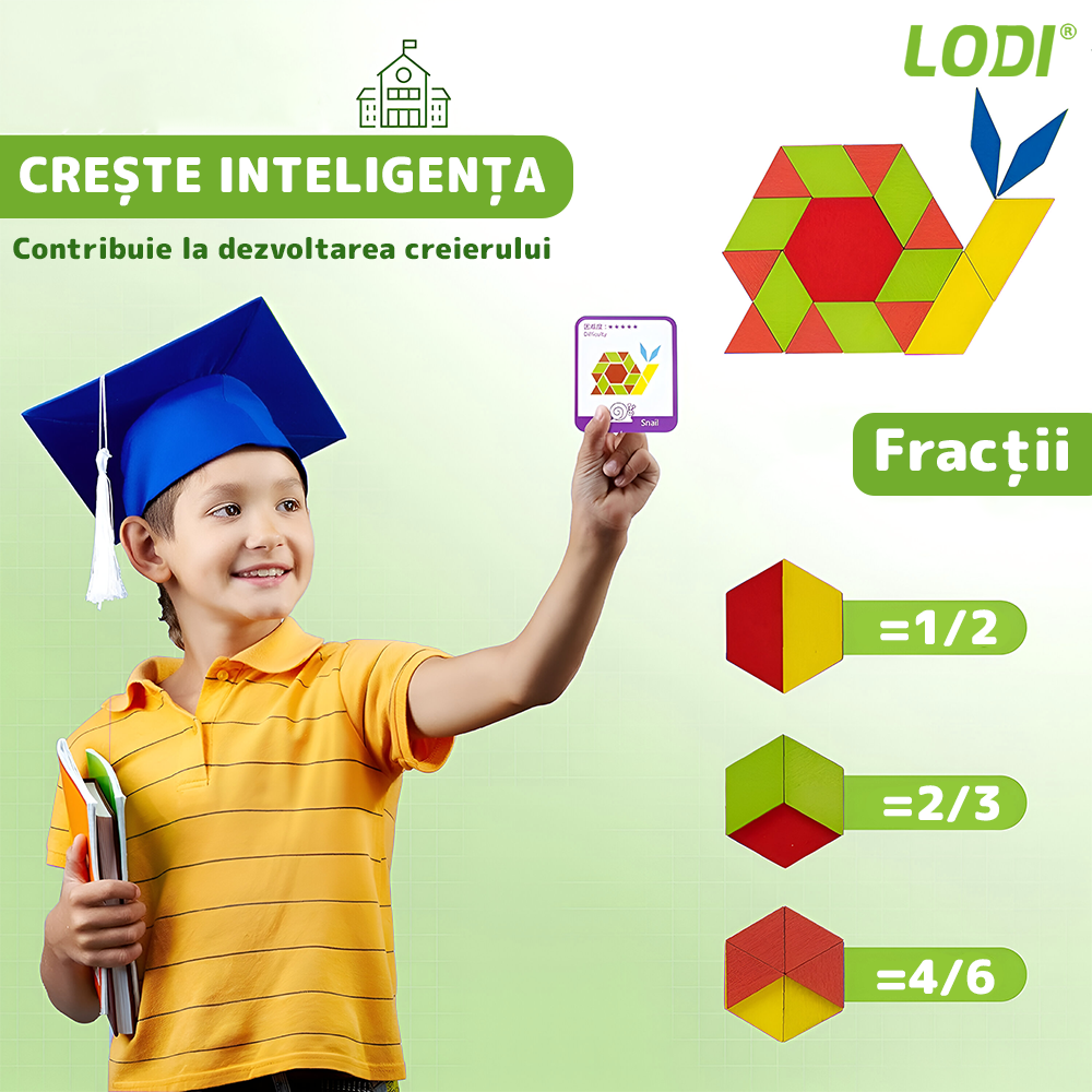 Joc Educativ din Lemn Lodi1172, Tangram cu 250 piese, 12 planse de puzzle, cifre și simboluri matematice, dezvolta inteligenta, culori non-toxice, multicolor