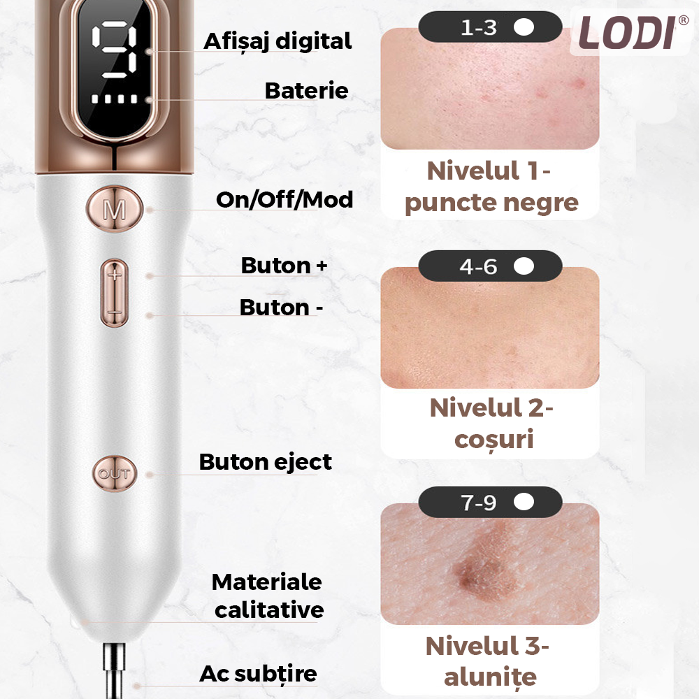 Aparat Plasma Pen Lodi524, 9 viteze, 5 ace de schimb incluse, indepartarea alunite, pete, negi, cicatrici, tatuaje, pistrui, lifting pleoape, afisaj LCD, auriu