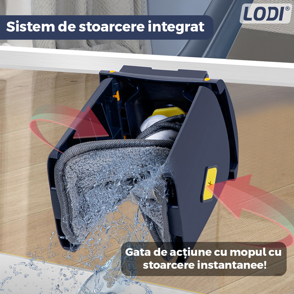 Mop cu Cap Dreptunghiular Lodi1178, rotire 360 grade, telescopic, curatare usoara, 2 lavete incluse, 123 cm, albastru/galben