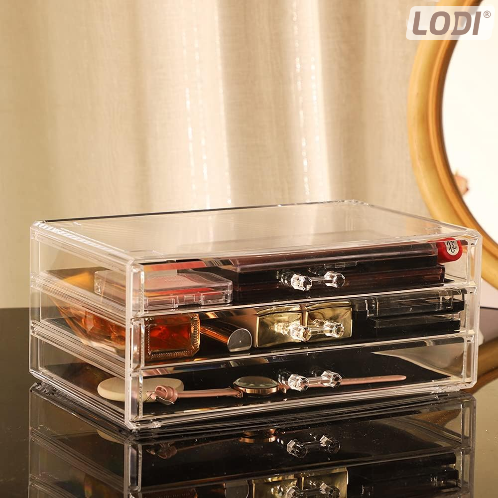 Organizator Cutie Depozitare pentru Produse Cosmetice Lodi472, bijuterii si alte obiecte, 3 sertare, oglinda incorporata, piese detasabile, transparent, 24 x 35 cm