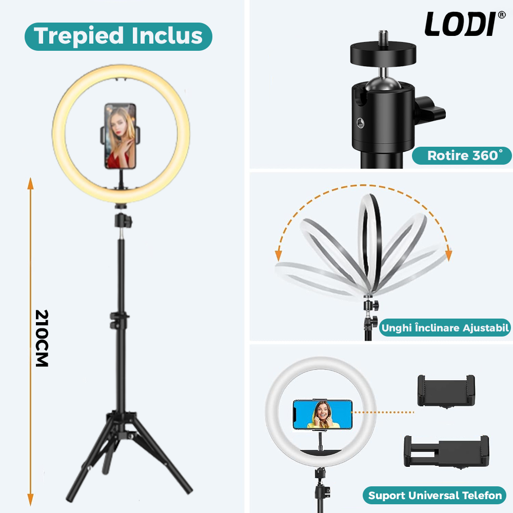 Lampa Circulara Ring Light Lodi207, Diametru 45cm/18 Inch, 3 moduri de lumina, 10 trepte reglaj, telecomanda si trepied 210 cm incluse, suport triplu telefon, compatibilitate universala, alb