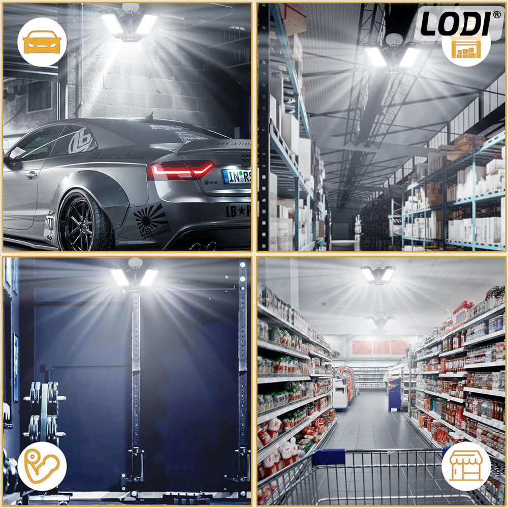 Lampa LED cu 3 Brate Mobile Lodi1222, 3 aripi pliabile, 36 LED-uri, flux luminos 3000LM, lumina alba rece 6000-6500K, bec iluminare pentru interior garaj/depozit/atelier, portocaliu