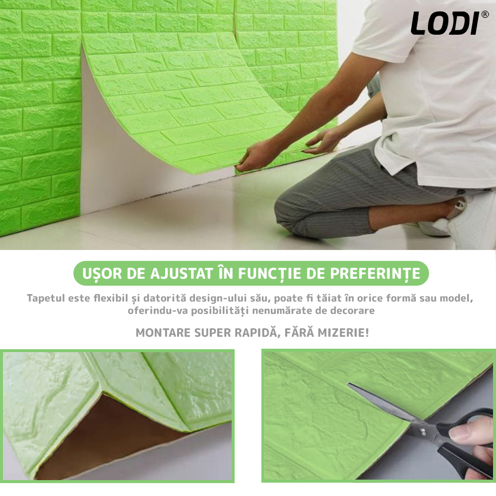 Set Tapet Mic Caramida 3D Lodi107, suprafata acoperire 3.31 mp, autoadeziv, waterproof, usor de montat, design modern, 38.5x34 cm, verde