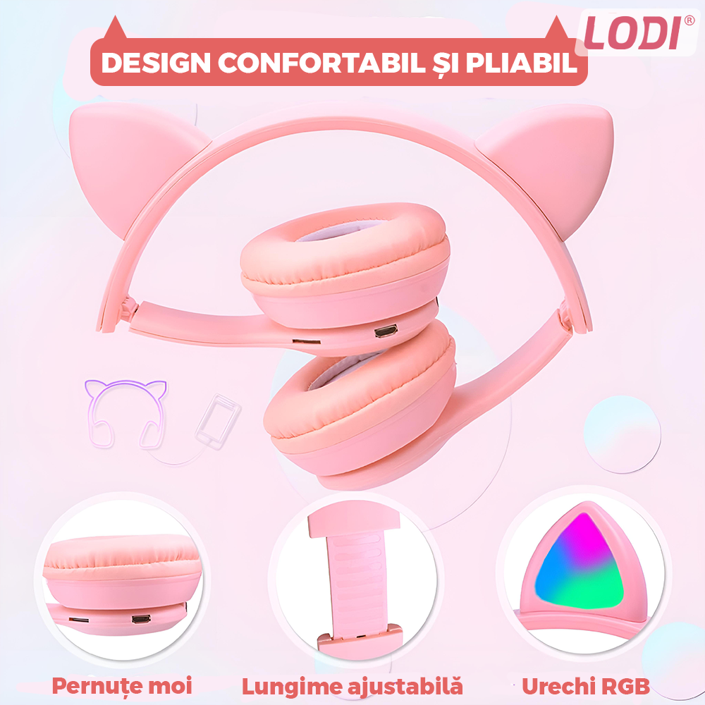 Casti Wireless Model Pisica Lodi951, P47M, overear, urechi de pisica cu iluminare RGB, bluetooth 5.0, handsfree, HiFi, bass stereo, roz