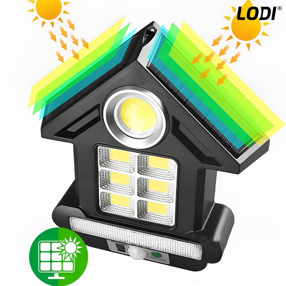 Lampa Solara in Forma de Casa 81 LED-uri Lodi889, senzor de miscare, 3 moduri de iluminare, protectie IP65, Waterproof, exterior, negru