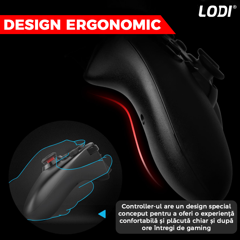 Controller Gamepad 3in1 Lodi463, Bluetooth, compatibil IOS/Android/PC, autonomie 20 ore, suport telefon reglabil, multiple functii, Negru