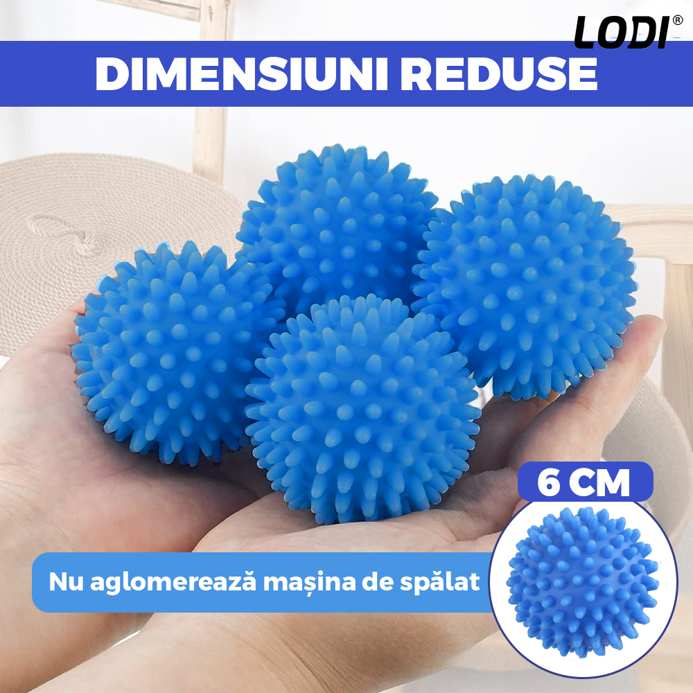 Set 4 Bile pentru Masina de Spalat si Uscator Lodi657, reduc timpul de uscare al hainelor, ajuta impotriva sifonarii si incurcarii hainelor, previn incarcarea statica, compacte, reutilizabile, albastru