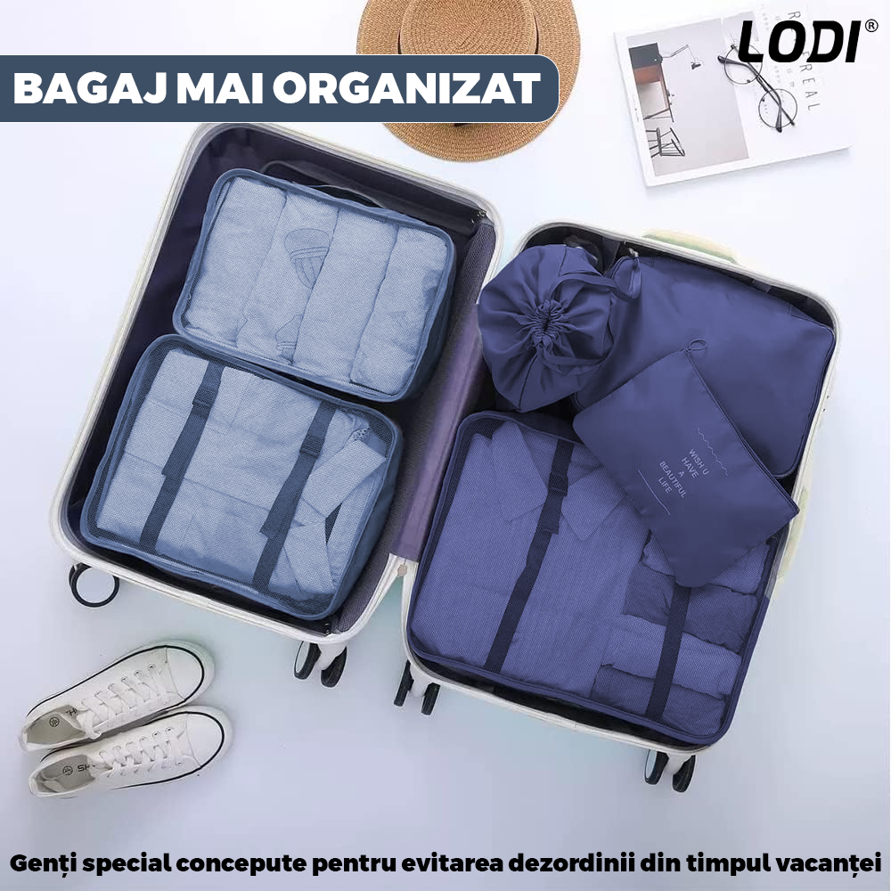Set 8 Organizatoare Lodi672, pentru calatorie, diferite marimi, 3 genti cu plasa, 1 geanta pentru lenjerie, geanta pentru cosmetice, sac pentru hainele murdare, inchidere cu fermoar dublu, plasa, albastru inchis